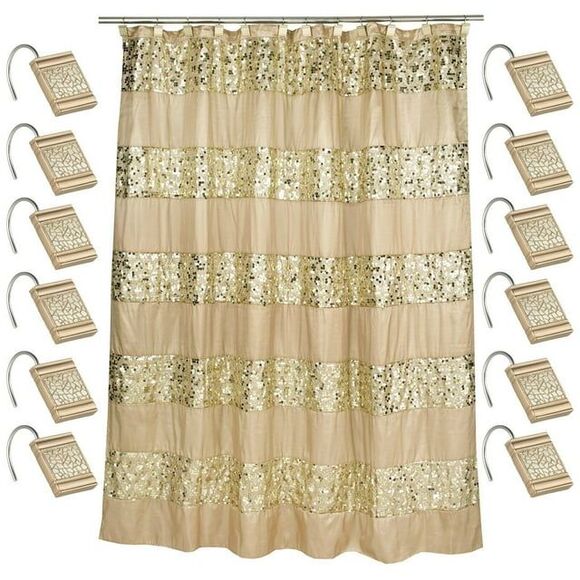 Sweet Home Collection Sinatra Fabric Shower Curtain and Hook Set - Picture 1 of 5